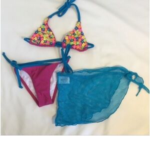 Girl’s Pink and Blue Bikini Set with Sheer Sarong size 2T